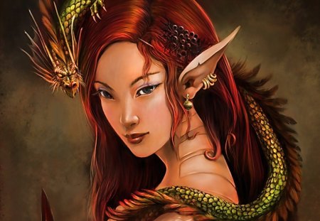 Asian Elf - female, ears, brown, jewlery, elf, red hair, orential, lady, woman, elven, asian