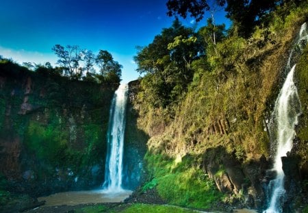 beautiful pair of waterfalls - waterfalls, trees, pool, cliffs