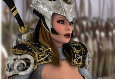 General Eve of the Woman's Brigade - helment, feminine, brigade, beautiful, leader, gerenral, warrior, fighter, fantasy, lady, army, armor, female, woman, strong