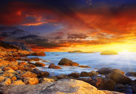 amazing sunset - rocks, clouds, coast, sunset, sea