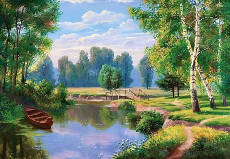 E.Samarskaya. Landscape with a Boat 2010 oil on canvas. - painting, lake, art, tree, samarskaya, grass, boat