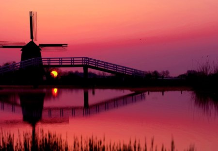 WINDMILL at DUSK - europe, majestic, evening, silhouette, reflection, purple, red, lake, farm, netherlands, nobody, scenic, serenity, dusk, windmill, benelux, bridge