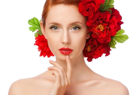 Women flowers redhead - lady, roses, lipstick, red, flowers, lovely, cute, head