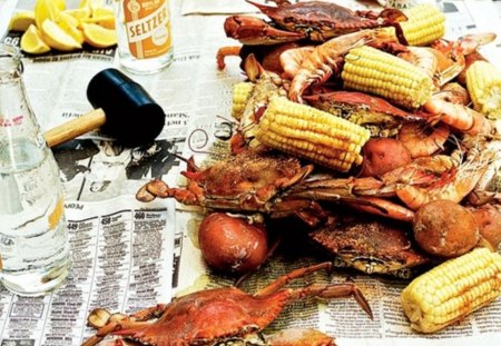 seafood - corn, seafood, beer, shrimp, lemons, crabs