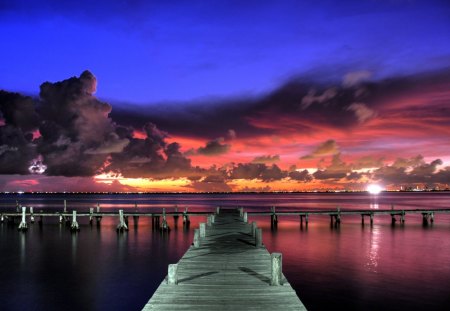 Colorful Summer Sunset - pier, night, sunset, summer, lights