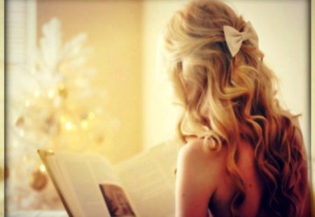 girl - blonde, morning, curls, book