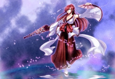 Fairy Tail - fan, female, water, japanese, anime girl, fantasy, erza scarlet, kimono girl, cute girl, cherry blossom, petals, anime, kimono, long hair, original, red hair, power, geisha, tagme, fairy tail, sakura, coo, beautiful, awesome