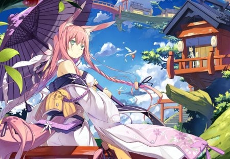 Geisha - prettyanimal ears, anime, anime girl, female, geisha, windy, original, kimono girl, tagme, cute girl, pink hair, blue eyes, japanese