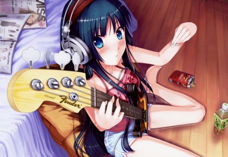 Mio Akiyama - long hair, guitar, mio akiyama, headphones