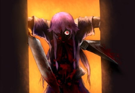 anime - mirai nikki, twintails, long hair, pink hair, red eyes