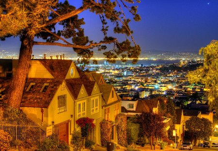 Lovely View - beauty, sky, valley, peaceful, road, san francisco, amazing, view, clouds, architecture, house, houses, building, night, city light, lovely, buildings, skyscrapers, nature, skyline, beautiful, splendor, city, colors, lights