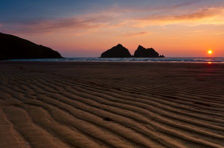 Sunset - rocks, beautiful, beach, amazing, ocean, seascape, view, ocean waves, nature, sunset, beauty, sun, peaceful, sky, sand, sunlight, clouds, lovely, splendor, sea, waves