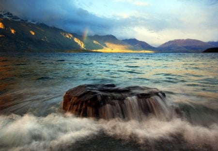 After the Rain - beauty, sky, ocean waves, peaceful, mountains, view, clouds, rainbow, ocean, landscape, rain, lovely, waves, nature, beautiful, splendor, sea