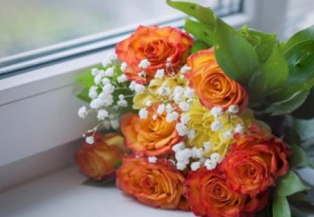 Lovely flowers - roses, yellow, lovely, orange, bouquet, leaves, flowers, green, cute