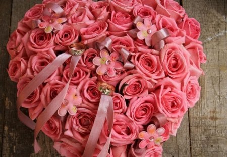 Heart of roses - roses, rings, pink, heart, beautiful, ribbon, flowers, cute