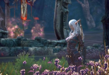 Elf princess - game, fantastic, realm, girl, tera online, forest, flower, pink, lantern, fantasy, elf princess, purple, red, woman, field