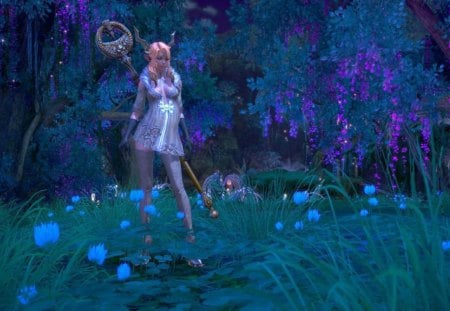 Enchanted glade - warrior, glade, night, forest, light, pink, purple, princess, violet, field, enchanted, game, girl, tera online, flower, tree, elf, green, woman