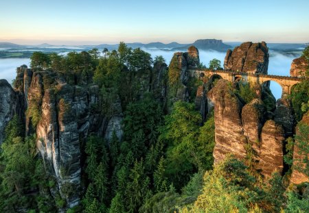 Mountains Bridge - clouds, trees, nature, beautiful, mountains, sky, bridge