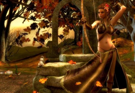 ARCHER GIRL in AUTUMN FOREST - autumn, elf, trees, girl, archer, art, bow, protein, stones