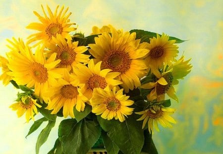 sunflowers - autumn, sunflowers, sunshine, summer, bouquet, nature, yellow, green, flowers