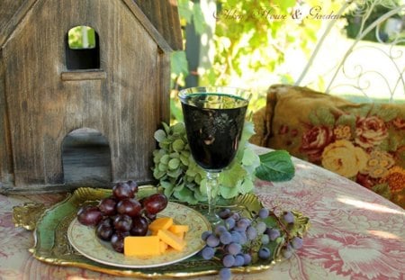 in the garden - grapes, saucers, fruit, table, birdhouse, cup