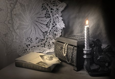 still life - pearls, book, old, candle, knitted, doily