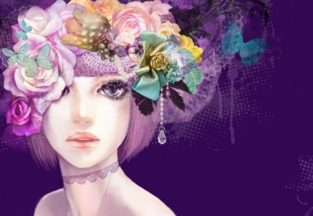 Beauty - flower, purple, beauty, crown, pretty face, girl, abstract, art