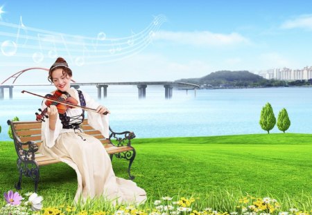 Girl and music - girl, photography, music, instrument, bench, nature, green grass, violin, flowers, sea, bright colors