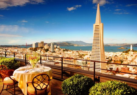 Viewing San Francisco - table, chairs, terrace, skyscraper, bay