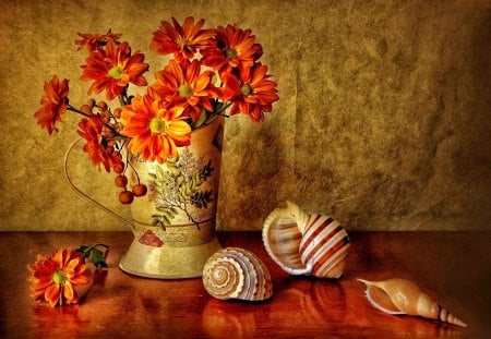 Still life - pretty, reflections, flowers, daisies, fresh, red, nice, vase, delicate, beautiful, table, lovely, freshness, still life, orange, petals, harmony, shells, wall