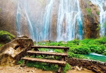 beautiful waterfalls - waterfalla, cliff, bushes, bench, rocks