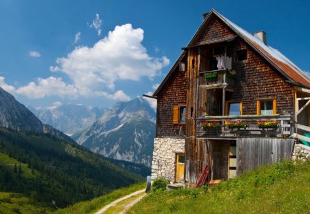 alpine chalet in summer - mountains, road, clouds, valley, chalet