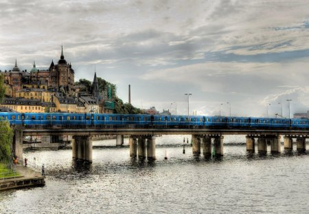 train on rail bridge over river in russia hdr - wallpaper, buildings, train, river, city, architecture, hdr, bridges, bridge, new