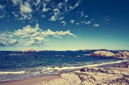 rocky beach - beach, clouds, sailboat, sea, rocks