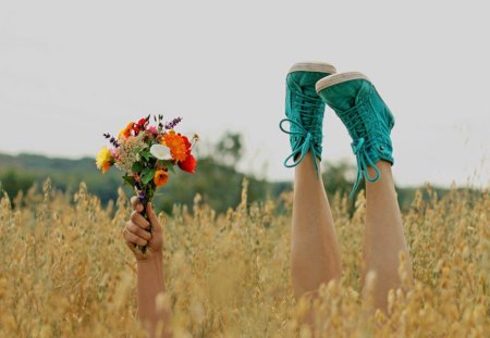 Happy! - hidding, flowers, hand, field, happy, feet