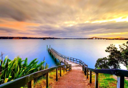 RIVER BRIDGE - sky, lake, landscape, clouds, rice, sunset, road, bridge