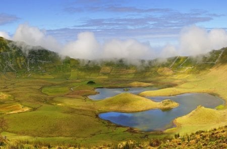 fields around a crater lake - lakes, crater, fields, clouds