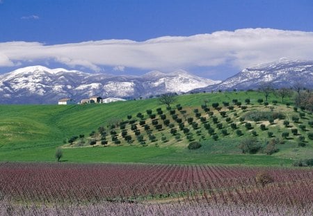 farm on the hills - clouds, hills, fields, mountains, farm