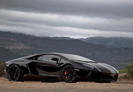 lambroghini aventador - mountains, field, black, car