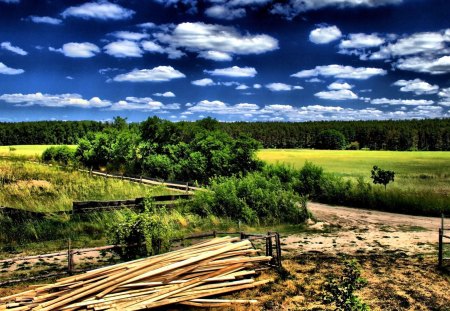 countryside hdr - fields, lumber, trees, clouds, hdr, yard