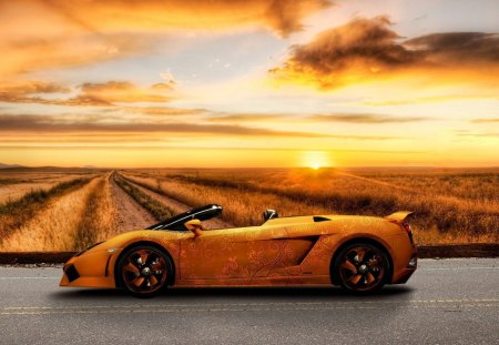 lambroghini gallardo cabrio - paint job, sunset, fields, road, card