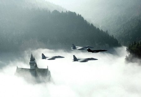 fighter planes over german castle in fog - planes, fog, mountains, valley, castle