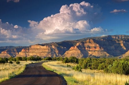 superb road to landscape - plains, road, clouds, mountains