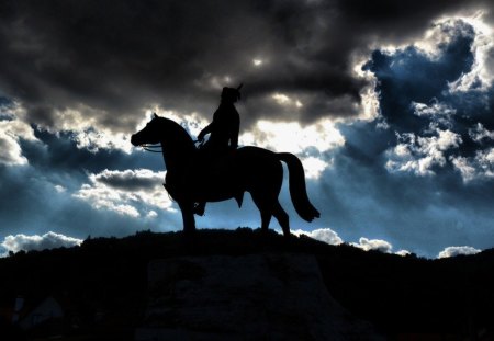 NIGHT SHADOW - clouds, night time, riders, knights, storms, skies, horses, silouettes, shadows