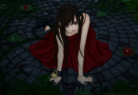 Sitting in a Puddle - anime, kneeling, female, water, dress, red dress, girl, wet, long hair, knight, vampire, red, rain, sitting, puddle, vampire knight