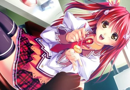 Yuuka Kohinata - anime, anime school girl, white, anime girl, red, koi mekuri clover, food, yuuka kohinata