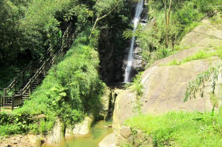 Waterfall - wooden ladder trails, grasses, waterfall, hiking