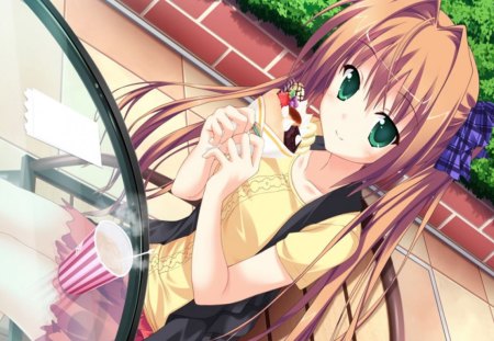 Sagisawa Chiho - anime girl, female, sagisawa chiho, hot, food, brown hair, cool, long hair, sweet, drink, eat, smile, cute, sitting, sexy