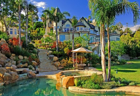 A place for rest - cottage, sky, beach, tropics, hotel, vacation, reflection, holiday, house, relax, palm trees, palms, summer, tropical, cabins, exotic, nature, rest, flowers, pool, destination