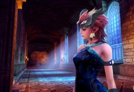 Tera - woman, princess, beauty, elf, tera online, fantasy, game, castle, blue dress, girl princess, feather